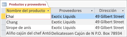 Fragmento de pantalla con datos de productos y proveedores