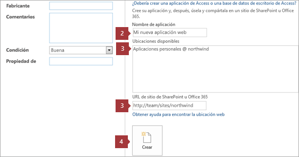 Nueva pantalla de creaci�n de aplicaciones de web Access