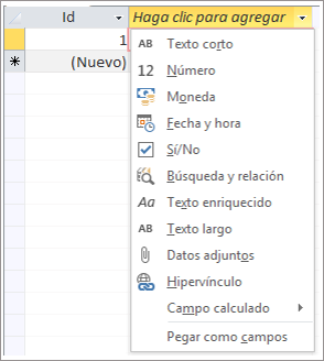 fragmento de c�digo de pantalla del men� desplegable Haga clic para agregar un tipo de datos