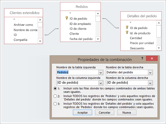 Captura de pantalla de tres tablas y sus Propiedades de la combinaci�n