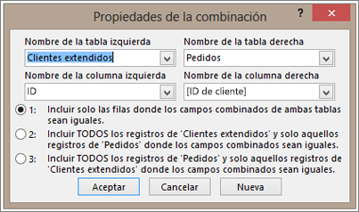 Captura de pantalla de Propiedades de la combinaci�n resaltando el nombre de tabla de la izquierda