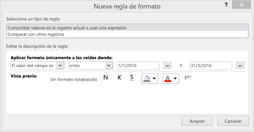 Captura de pantalla de la interfaz Nueva regla de formato