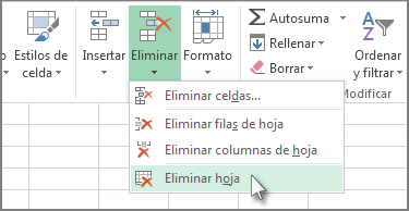 Haga clic en la flecha de debajo de Eliminar y en Eliminar hoja