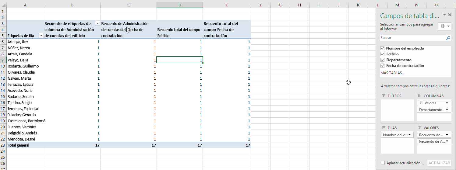 Seleccione los campos de la tabla din�mica