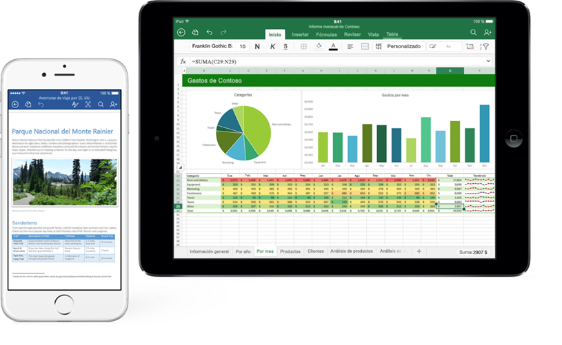 Una tableta en la que se muestra un gr�fico de Excel y un tel�fono en el que se muestra un documento de Word sobre el Parque Nacional del Monte Rainier