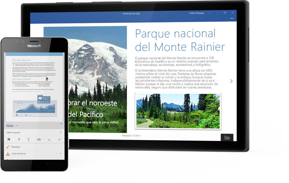 Tableta Windows en la que se muestra un documento sobre el Parque Nacional del Monte Rainier en Word y un tel�fono en el que se muestra un documento en la aplicaci�n m�vil de Word