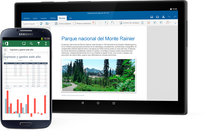 Un tel�fono en el que se muestra un gr�fico de Excel y una tableta                                             en la que se muestra un documento de Word sobre el Parque Nacional del Monte Rainier