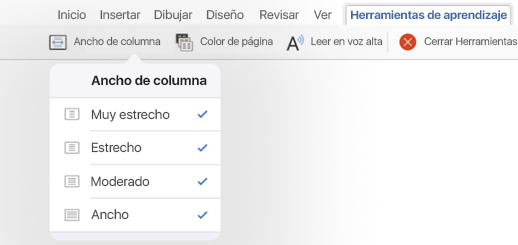 Se muestran las opciones de Ancho de columna para Herramientas de aprendizaje