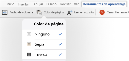 Se muestran las opciones de Color de p�gina de Herramientas de aprendizaje