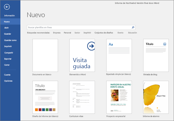 Se muestra una lista de plantillas disponibles de Word.