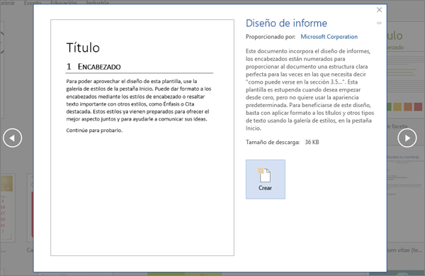 Muestra una vista previa de la plantilla de dise�o Informe en Word 2016.