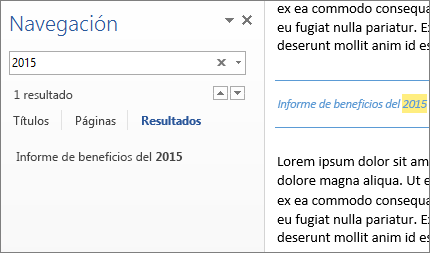 Resultados de b�squeda resaltados en el documento y en el panel de navegaci�n