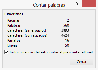 Muestra el recuento de palabras, el n�mero de p�ginas de un documento.