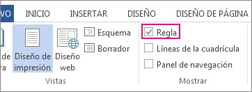 Captura de pantalla de la pesta�a Vista en Word 2013, donde se muestra la opci�n Regla seleccionada y resaltada.