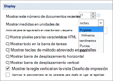 Captura de pantalla muestra la opci�n seleccionada para mostrar la regla vertical en vista Dise�o de impresi�n y opciones de unidades de medida, como pulgadas o cent�metros