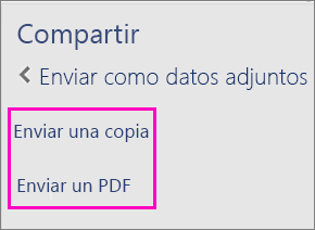 Imagen de las dos opciones del panel de uso compartido para enviar un documento por correo electr�nico como copia o como archivo PDF