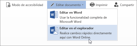 Seleccione Editar en el explorador para editar en Word Web App