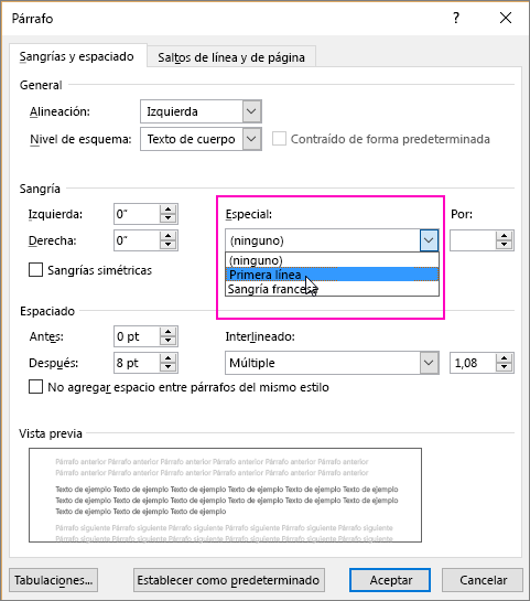 La opci�n Sangr�a de primera l�nea se resalta en el cuadro de di�logo P�rrafo.