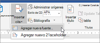 Elija Insertar cita y elija Agregar nuevo origen